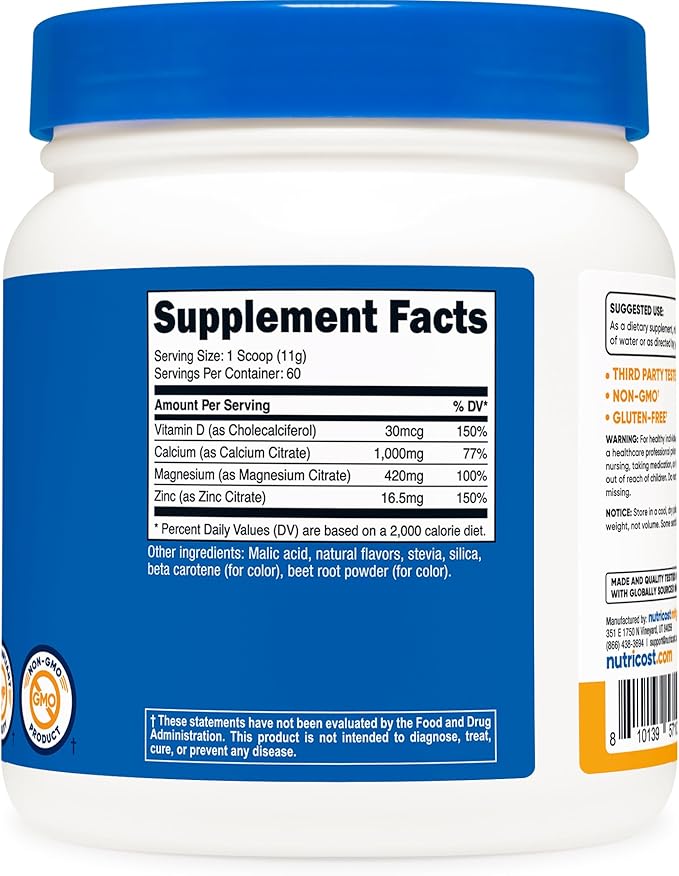 Nutricost Calcium Magnesium Zinc with Vitamin D3 Powder, 60 Servings (1000 MG) (420 MG) (16.5 MG) D3 (30 (30 MCG)