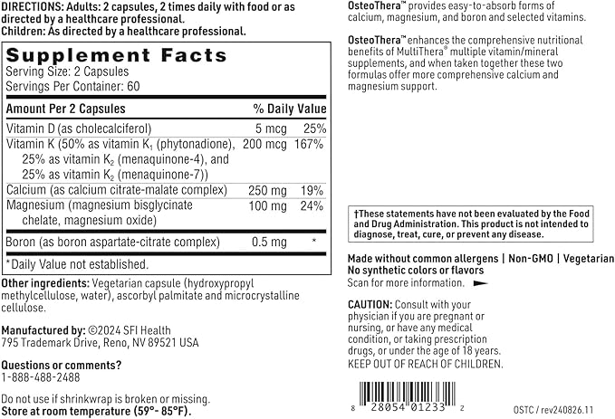 Klaire Labs SFI Health Osteothera Capsules - Hypoallergenic & Multifactorial Bone Support Formula with Calcium, Vitamin K, D3, Magnesium & Boron (120 Capsules)