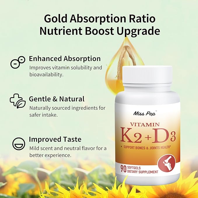 Vitamin D3 K2, 5000 IU D3 and 100 mcg K2 (MK-7), with Sunflower Oil Softgels, 90 Softgels, 2-in-1 Formula, Easy to Absorb and Swallow (1 Bottle)