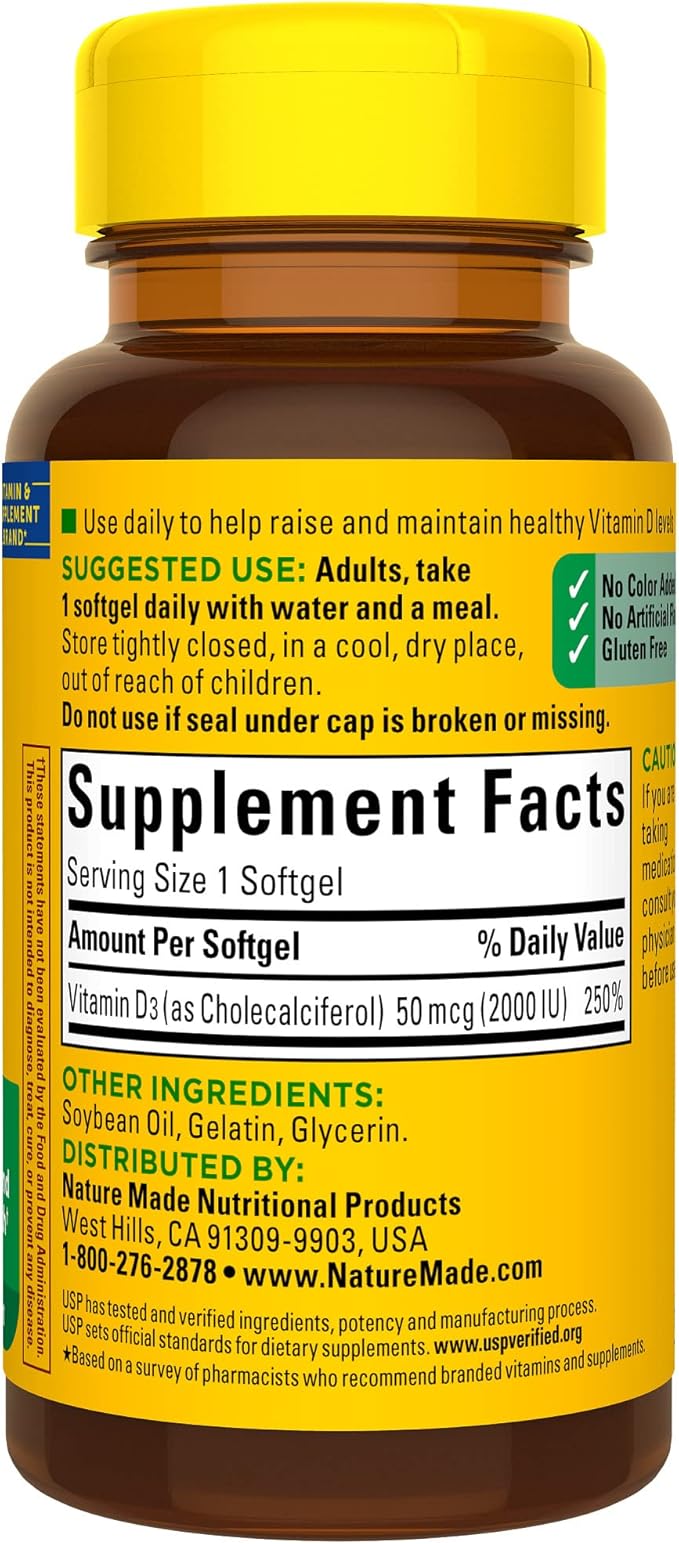 Nature Made Vitamin D3 2000 IU (50 mcg), 90 Softgels, 90 Day