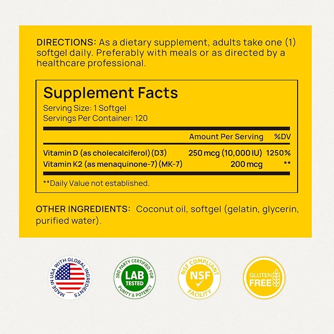 Vitamin D3 K2 with Virgin Coconut Oil -Vitamin D3 10000 IU + K2 MK-7 200 mcg Vitamin Supplement for Bone, Immune and Heart Support Easy to Swallow 120 Softgels