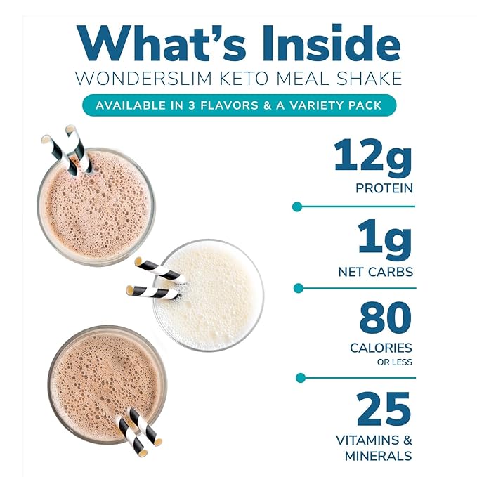 WonderSlim Keto Meal Replacement Shake, Chocolate, Low Carb, C8 MCTs, 12g Protein, Collagen, 25 Vitamins & Minerals, Gluten Free (7ct)