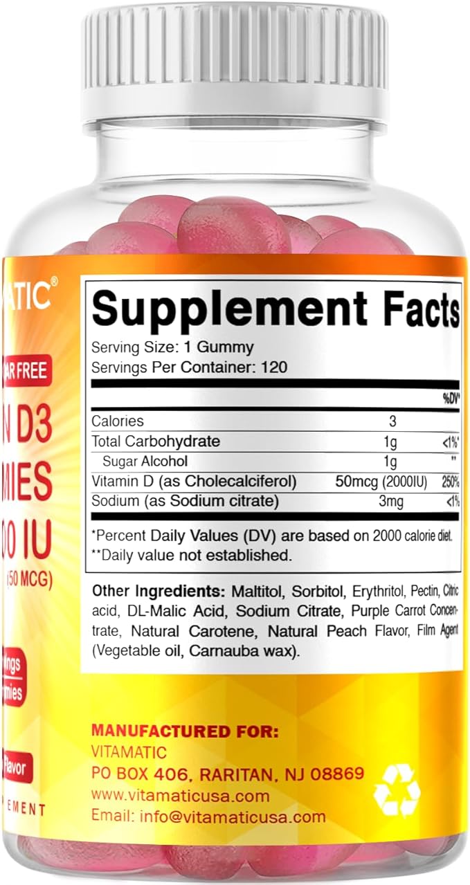 Vitamatic Sugar Free Vitamin D3 2000 IU - 120 Pectin Based Gummies - Great Taste - Healthy Bones, Mood & Immune System Function - Non-GMO - 120 Servings