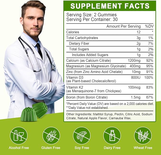 Calcium Citrate 1200mg with Vitamin D3 Supplement for Women and Men - Chewable Calcium Magnesium Zinc D3 K2 Gummies Supplement for Bone, Teeth, Immune Support, Apple Flavor - 60 Gummies