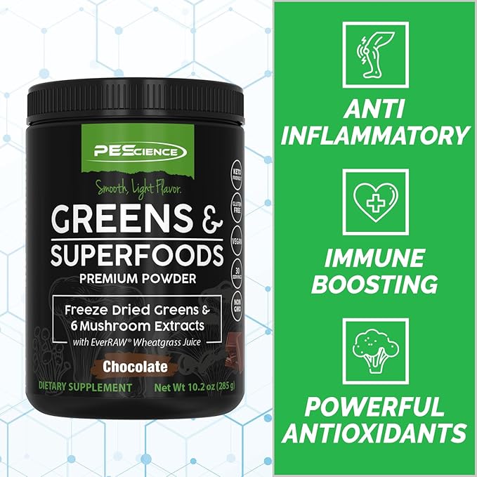 PEScience Greens & Superfoods Powder, Chocolate, 30 Servings, Natural Chlorophyll with Turkey Tail Mushroom & Fruit Extracts Blend