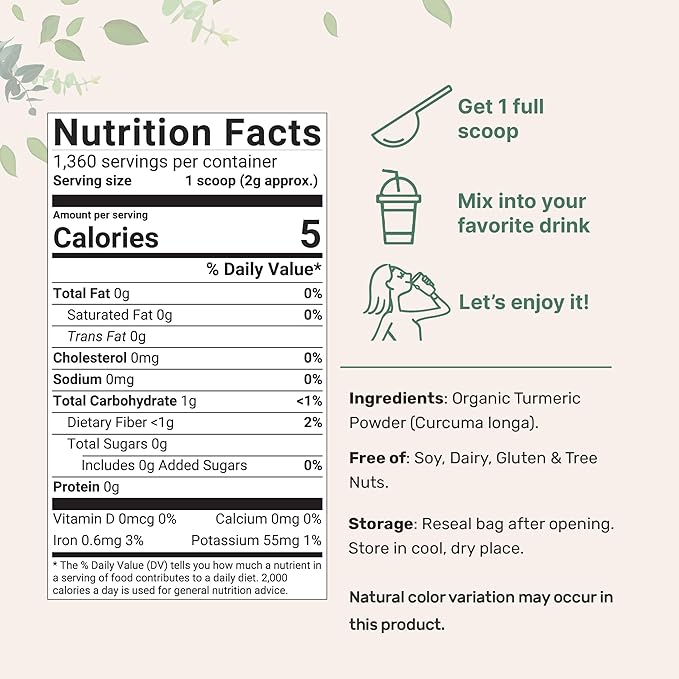 Organic Turmeric Powder, 5 Pounds | Rich in Active Curcumin | Pure Turmeric Supplement | Antioxidant Support for Joint & Immune Health | Non-GMO, Vegan Friendly, India Origin