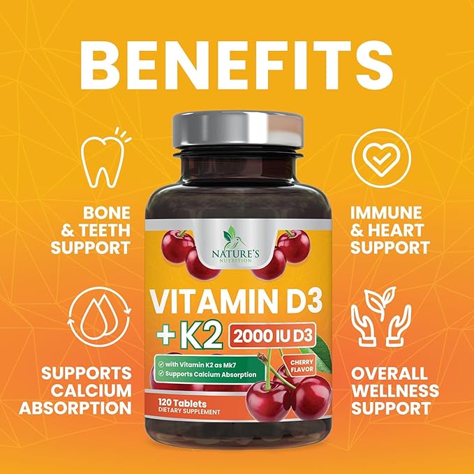 Vitamin D3 K2 as MK-7 2000iu of D3 & 75mcg K2, K2, Vitamin K2 D3 D3 Bone 120 Chewable