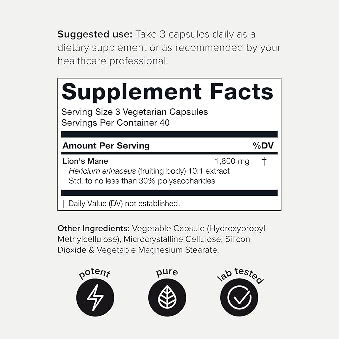 Toniiq 18,000mg 10x Concentrated Ultra High Strength Extract - Made with Lions Mane Mushroom - 30% Polysaccharides - Highly Concentrated and Bioavailable - 120 Veggie Capsules