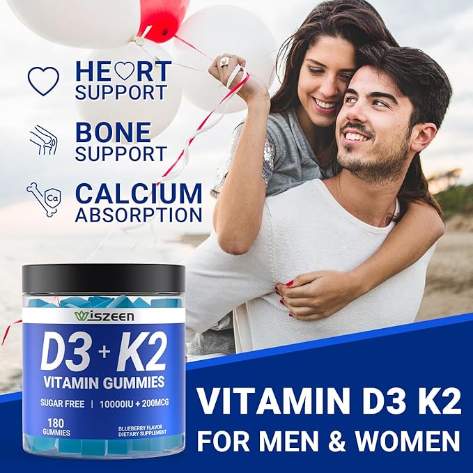 Sugar-Free Vitamin D3 K2 Gummies, Vitamin D3 10000iu & Vitamin K2(MK7) 200mcg with Calcium, Magnesium, Vitamin B12 for Bone Muscle Teeth Immune, Vegan