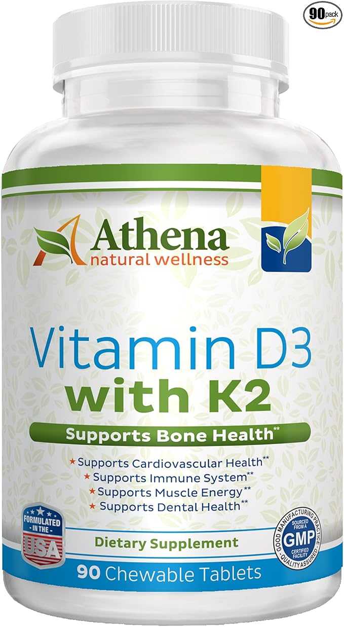 Athena - Vitamin D3 2000IU with K2 (MK7) - 90 Chewable Tablets - Supports Immune System - Muscle Energy - Strong Bones - Healthy Dental