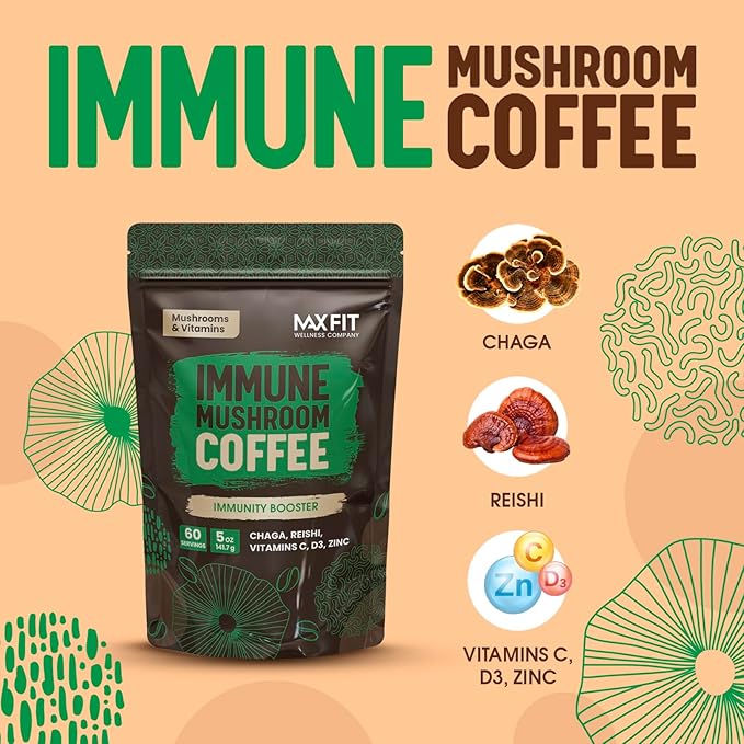 Immunity Mushroom Coffee Organic (60 Servings) Mental Focus Plus Wellness Boost for Immune System Support - Chaga, Reishi & Vitamins C, D3, and Zinc, Mixed with Gourmet 100% Arabica Instant Coffee