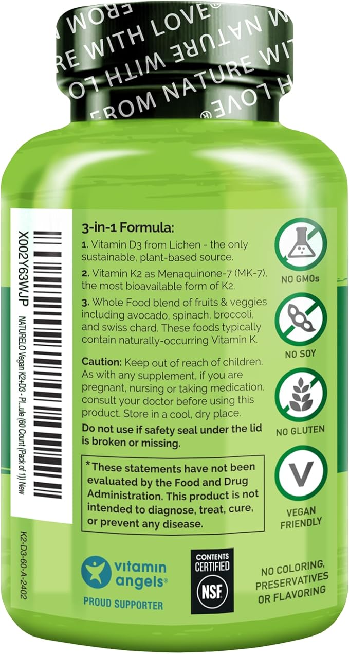 NATURELO Vegan K2+D3 D3 from D3 Supplement (60 Count 1))