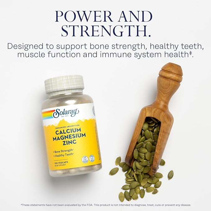 SOLARAY Calcium Magnesium Zinc Supplement 1000mg, Magnesium 500mg - 60 Day 25 Servings, 100 VegCaps