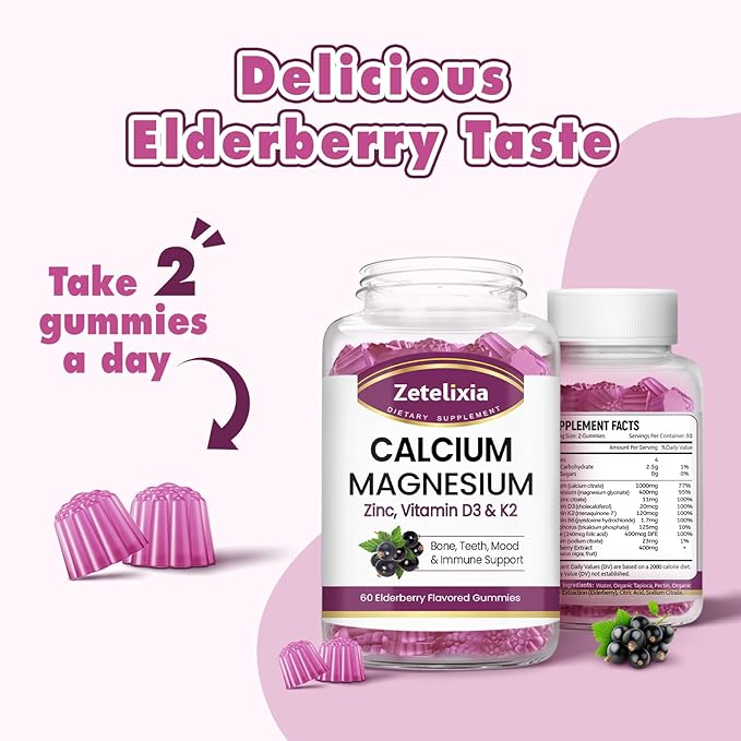 Calcium Gummies for Women Men, Calcium Magnesium Zinc with Vitamin D3 & K2, Calcium Magnesium Supplement for Bones Muscles and Joints, Elderberry Flavor - 120 Count