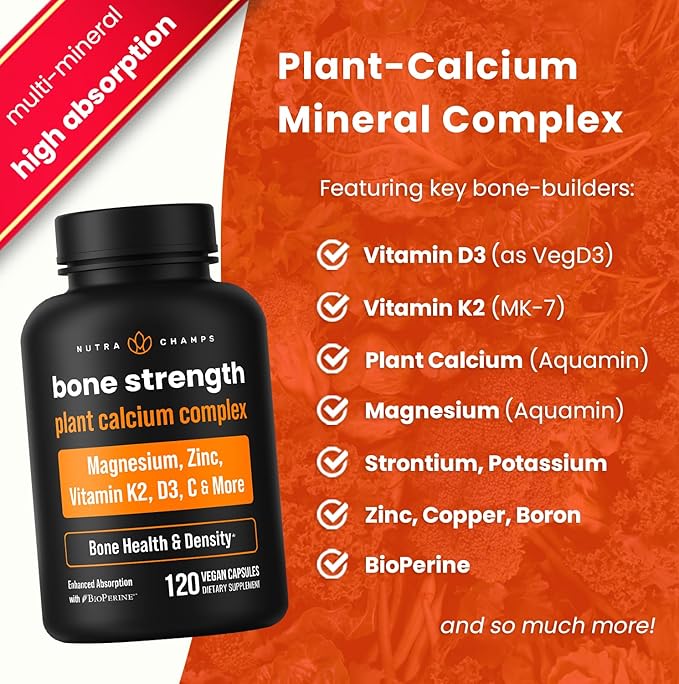Bone Strength Supplements | Plant Based Calcium Supplement 600mg | Vitamin D3 2000 IU, K2, Magnesium, Potassium, Zinc, Boron & Strontium | Whole Food Supplement for Bone Health | 120 Vegan Capsules