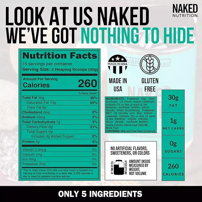 Naked Vanilla Keto - Premium Vanilla Keto Fat Bomb Powder - Nothing Artificial - Gluten-Free Keto Bomb Vanilla Mct Oil Powder with No Gmos - 1.3 Lb