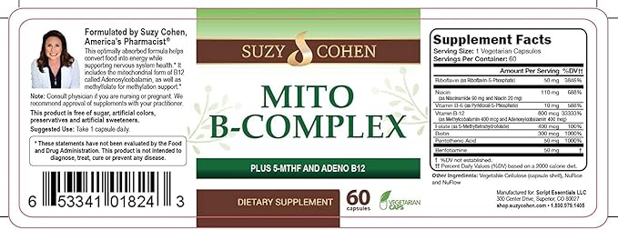 Suzy Cohen, Mito B Complex Dietary 5-MTHF, Adeno B12, Methylation 60 veg