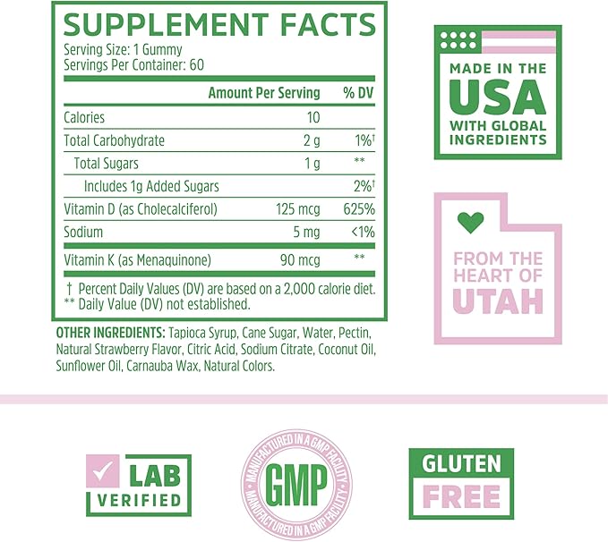 Zhou D3+K2 - Vitamin D3 K2 Supplement for Women & Men, Immune Support Vit D3 and K2 Gummy, Gelatin Free Formula with 5000 IU of D3 and MK-7 - 60 Veggie Gummies (Pack of 1)