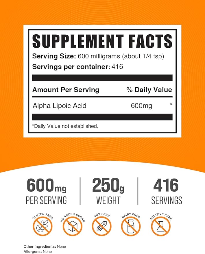 BulkSupplements.com Alpha Lipoic Acid Powder - ALA Supplement, Alpha Lipoic Acid 600mg - ALA Powder, Gluten Free - 600mg of Alpha-Lipoic Acid per Serving, 250g (8.8 oz) (Pack of 1)