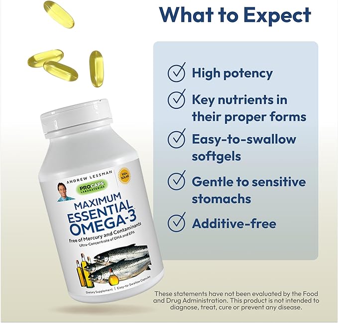 ANDREW LESSMAN Maximum Essential Omega-3 Unflavored, 360 Softgels Omega-3 Fish 1200 mg 3 Supplement