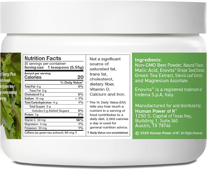 HumanN SuperBeets Energy Plus with Grape Seed Extract - Beet Root Powder, Green Tea Extract, Caffeine, Vitamin C - Non-GMO - 5.87oz