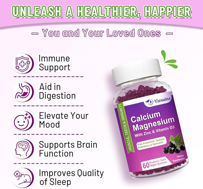 High Absorption Calcium Magnesium Zinc Gummies, D3 for 60 Cts