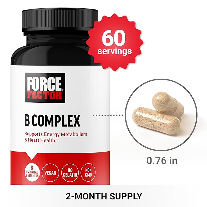 FORCE FACTOR Vitamin B Complex to B1, Vitamin B2, Vitamin B3, Vitamin B6, Vitamin B12, and 60 Vegetable