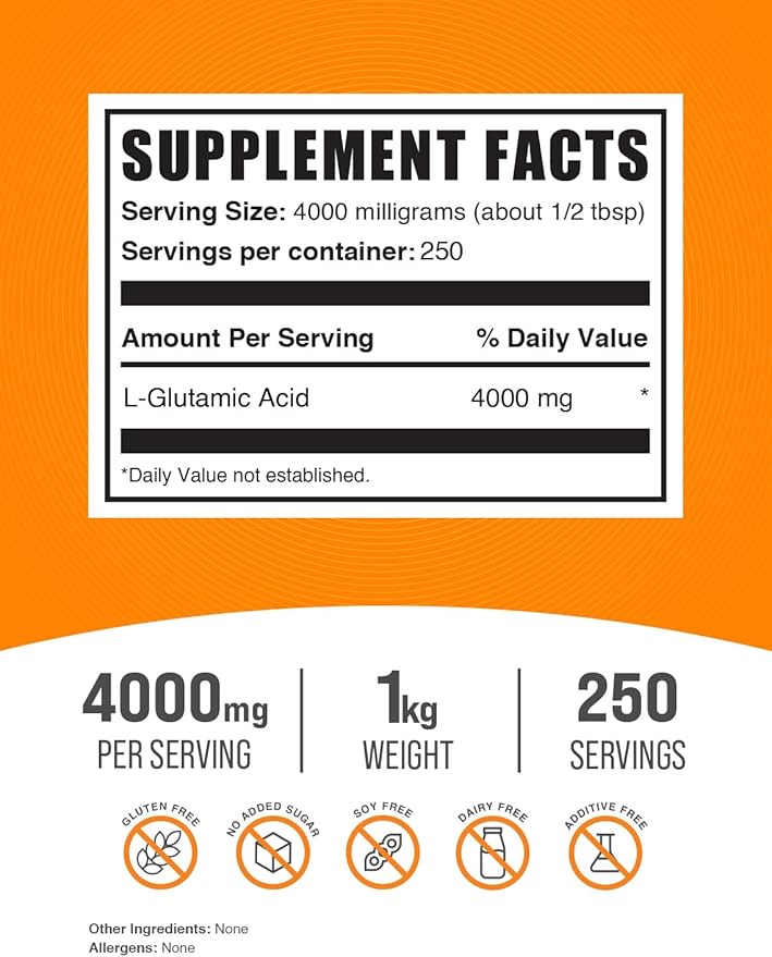 BulkSupplements.com L-Glutamic Acid Powder - Glutamate Supplement, Amino Acid Supplement - for Gut Health, Gluten Free, 4000mg per Serving, 1kg (2.2 lbs) (Pack of 1)