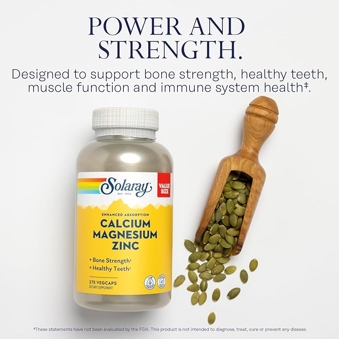 SOLARAY Calcium Magnesium Zinc Supplement 1000mg, Magnesium 500mg - 60 Day 68 Servings, 275 VegCaps
