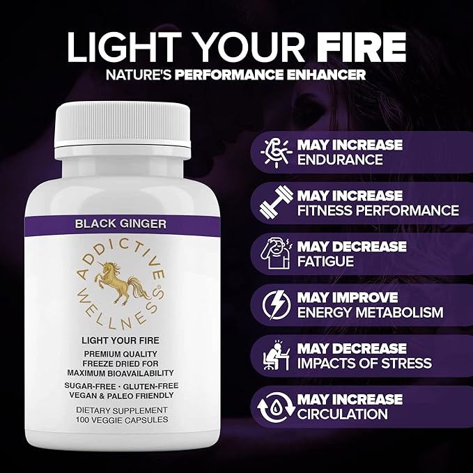 Addictive Wellness Thai Black Ginger for Men, Thai Black Ginger Supplement to Support Energy Metabolism, Endurance & Performance, Freeze Dried Black Ginger Capsules 450mg, Vegan & Paleo, 100 Count