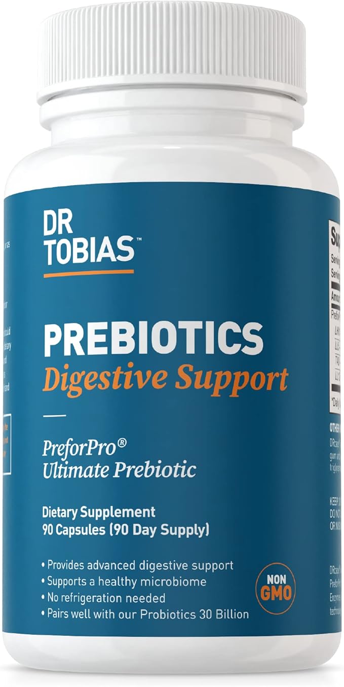 Dr. Tobias Prebiotics, Supports Digestion & Gut Health, Feed Good Probiotic Bacteria, Boost Gut Immune Function, Vegan & Non-GMO Gut Health Supplements for Men and Women, 90 Capsules, 90 Servings