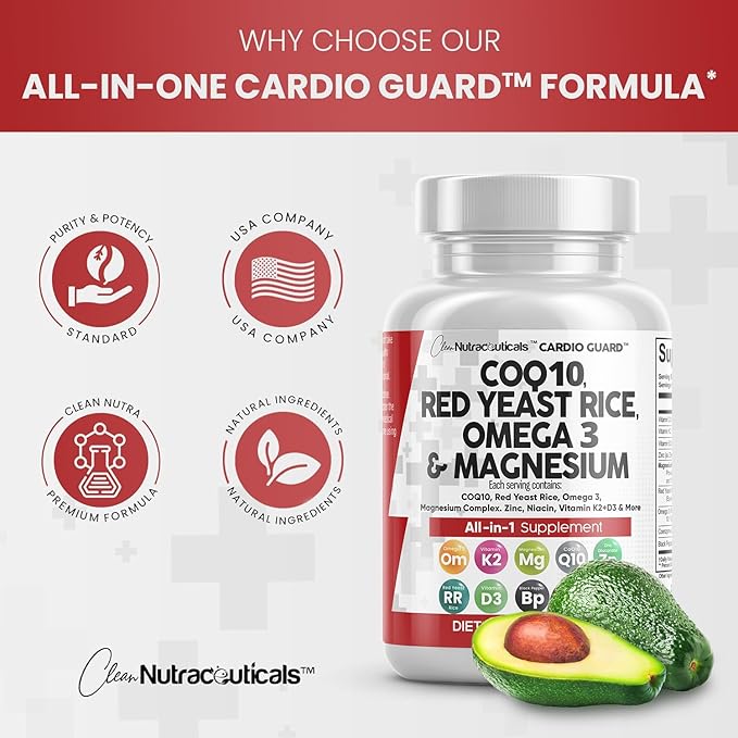 COQ10 200mg Red Yeast Rice 3000mg 3 3000mg 3000mg Magnesium 500mg Niacin K2 D3 D3 - B3, Coenzyme Q10-60 Ct