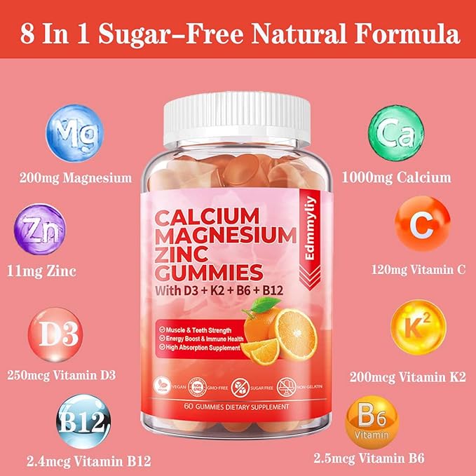 Sugar Free Calcium Magnesium Zinc Supplement D3 & B12 for (120 Counts)