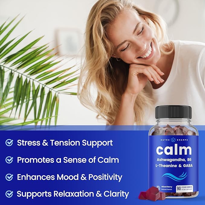 Calm Gummies | Stress Gummies Supplement with Ashwagandha, L-Theanine, GABA, Vitamin B6 & Lemon Balm | Supports Mood, Focus & Stress Relief | Vegan & Non-GMO | Natural Berry | 90 Gummies (2 Pack)