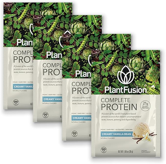 PlantFusion Complete Vegan Protein Powder Sample Packets - Plant Based Protein Powder Packets to-Go with BCAAs and Pea Protein - Keto, Gluten Free, Non-Dairy, No Sugar (Vanilla Pack of 4)