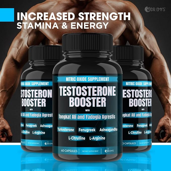 Dr. Emy's (2 Pack Testosterone Booster-Tongkat Ali Fadogia Agrestis Nitric Oxide Ashwagandha Supplement for Men with L Arginine Citrulline Fenugreek - Turkesterone Pre Workout Pump (120 Capsules)
