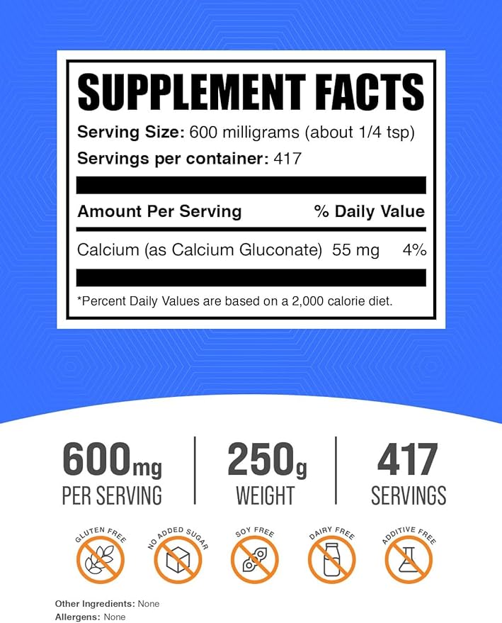 BulkSupplements.com Calcium Gluconate Powder - Calcium Supplement - Calcium Powder - Calcium Bone Supplement - Gluconate Calcium - Calcium Without Vitamin D (250 Grams - 8.8 oz)