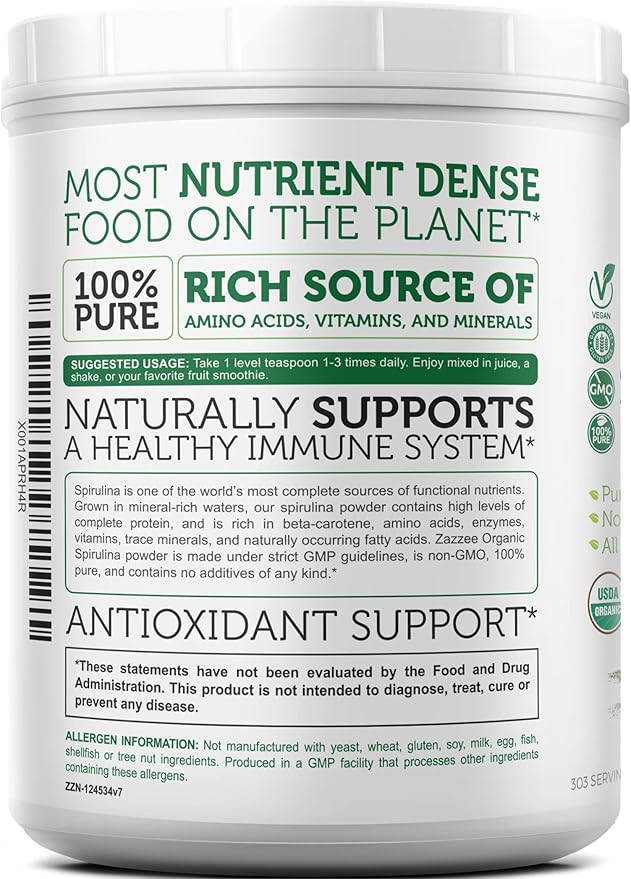 Zazzee Organic Spirulina Powder, 2.2 Pounds (1 KG), USDA Certified, 303 Servings, 100% Pure, Non-Irradiated, Mess-Free Wide Mouth Container, Fresh Smell and Neutral Taste, Vegan, Non-GMO, Gluten-Free