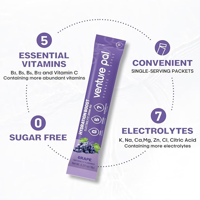 Venture Pal Sugar Free Electrolyte Powder Packets - Liquid Daily IV Drink Mix for Rapid Hydration & Party Recovery | 5 Vitamins & 7 Electrolytes| Keto Friendly | Non-GMO | Certified Vegan | 16 Sticks