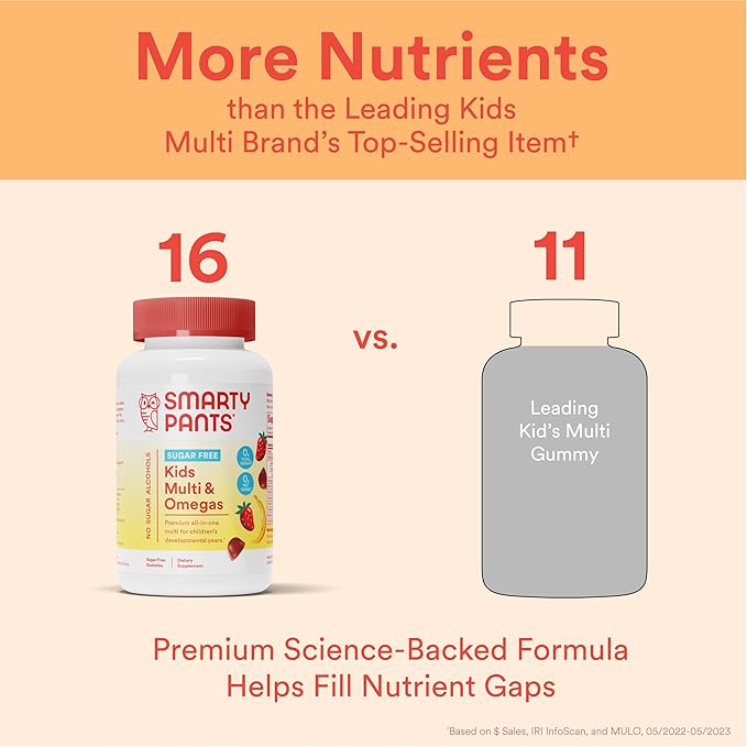 SmartyPants Kids Multivitamin Gummies, Sugar Free: 3 (ALA), D3, C, B12, B6, B6, Vitamin 44 Count (22 Day