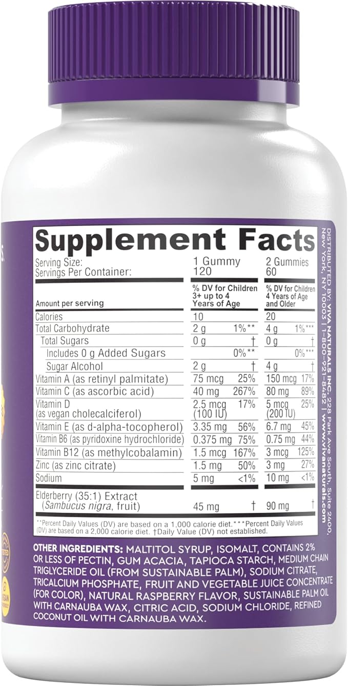 Viva Naturals Sugar-Free Sambucus Elderberry Gummies for Kids, 8-in-1 Children Immune Support with Vitamin C & Zinc – Chewable, Vegan & Gluten-Free (120 Count) for Daily Wellness