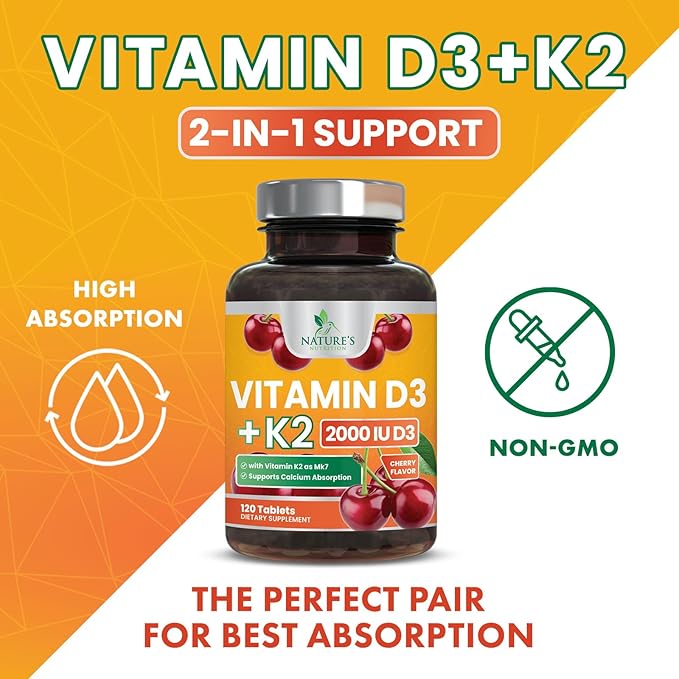 Vitamin D3 K2 as MK-7 2000iu of D3 & 75mcg K2, K2, Vitamin K2 D3 D3 Bone 120 Chewable