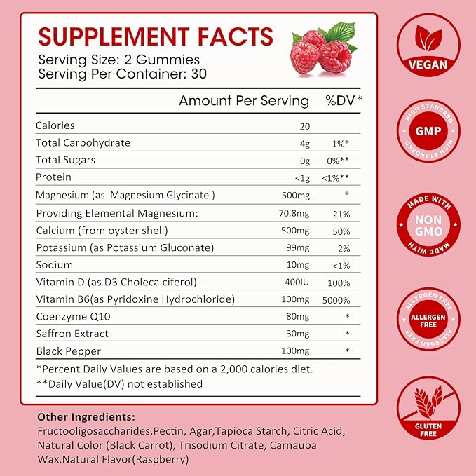 Magnesium Glycinate Gummies 500mg, Chewable Magnesium D3, B6, B6, CoQ10 CoQ10 for 60 Raspberry Gummies(2 Pack)