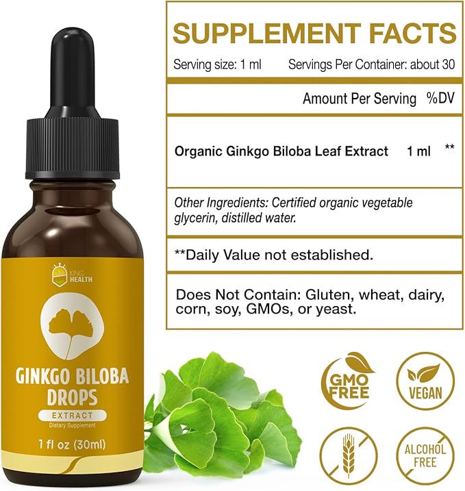 Ginkgo Biloba Liquid Extract, Organic Ginkgo 98% Absorption, 1 fl