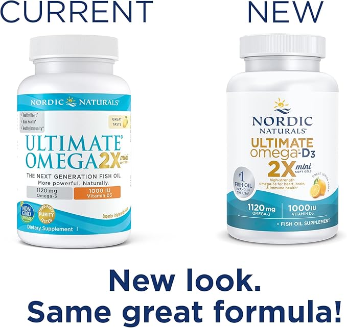Nordic Naturals Ultimate Omega 2X Mini D3, Lemon 1120 mg Omega-3 + 1000 IU D3-60 Mini Omega-3 Fish 30 Servings