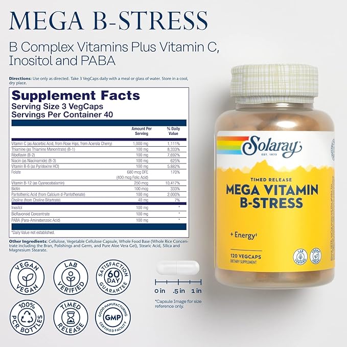 Solaray Mega Vitamin B-Stress, Timed-Release Vitamin 1000 mg 60 Day 40 Servings, 120 VegCaps