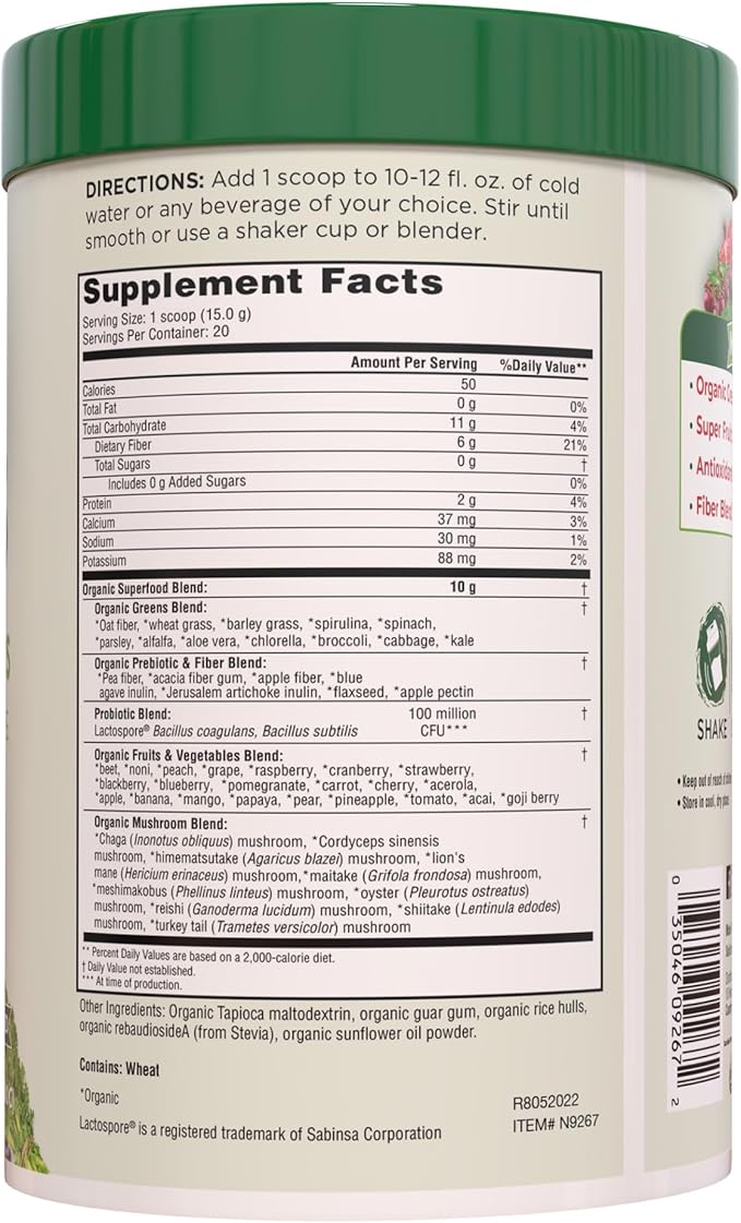 COUNTRY FARMS Super Greens Natural Flavor, 50 Organic 20 Servings, 10.6 Oz