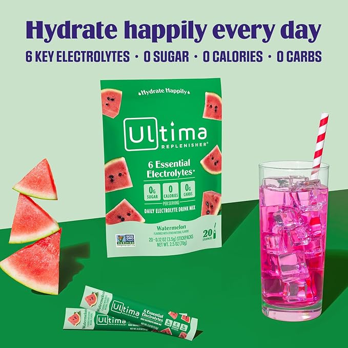 Ultima Replenisher Daily Electrolyte Powder Drink Mix – Watermelon, 20 Stickpacks – Hydration Packets with 6 Electrolytes and Trace Minerals – Keto Friendly, Vegan, Non-GMO and Sugar-Free