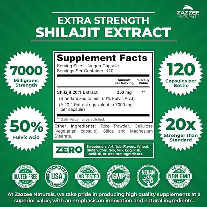 Zazzee 100% Pure Organic Himalayan Shilajit 20:1 Extract, 7000 mg 50% Fulvic 120 Servings 20X Potency,