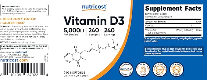 Nutricost Vitamin D3 5,000 IU, 240 Softgels (3 Bottles)